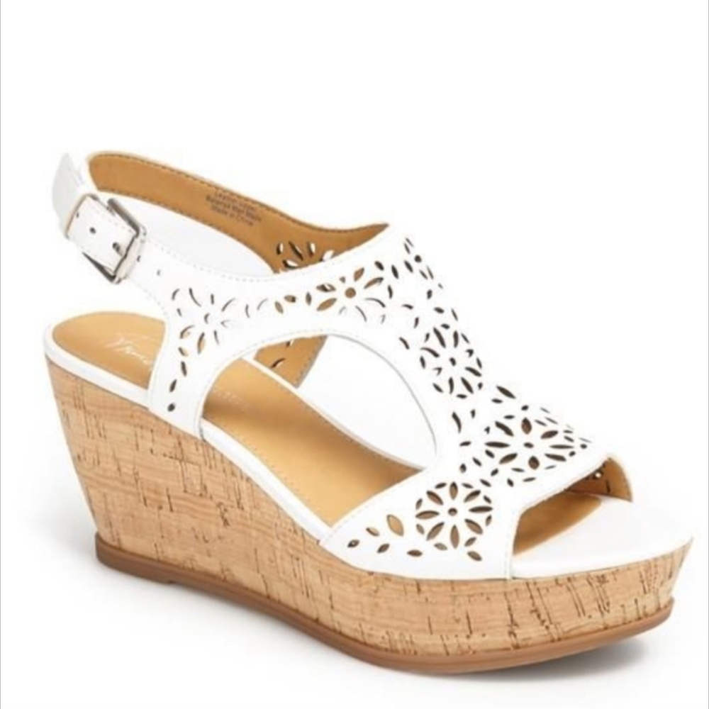 Franco Sarto A-Flirt Cork Wedge Sandals | Women’s 10M | White Leather Spring